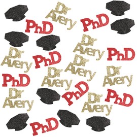 PhD Graduation Confetti for Me, Husband or Wife, Doctor of Philosophy Graduation Decorations, 25 Piece Pack of Confetti Including PhD, Doctoral Tam and Custom Dr Name