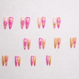 IMRAIN Press on Nails Long Stiletto Fake Nails Pink Yellow False Nails Flower Glossy Glue on Nails Gel Handmade 3D Floral Nail Supplies Full Cover Summer Acrylic Stick on Nails for Women 24Pcs