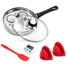 NutriChef Egg Poacher Pan Set - 7.87” Stainless Steel Poached Egg Cooker with 4 Non-Stick Poaching Cups, Glass Lid, Timer, Oven Mitt, and Spatula for Perfect Poached Eggs, Induction Compatible, Silver