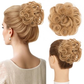 Hairro Messy Bun Hair Piece 100% Real Human Hair, Mixed Golden Brown & Blonde, Fake Scrunchies Updo Hair Piece Curly Wavy Bun Hairpiece for Women