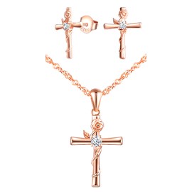 CPSLOVE Cross Necklace and Earrings for womens and girls, 925 Sterling Silver Jewelry Set, Elegant rose flower - infinity symbol necklace pendant and earrings studs, Inlaid shiny zircon, rose gold