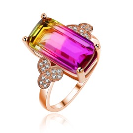 Uloveido Rose Gold Plated Big Rectangle Stone Rings for Women Anniversary Birthday Statement Rings with Multicolor Created Tourmaline (size 8) RJ400