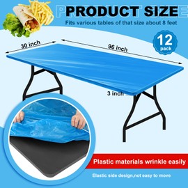 Boao 12 Pcs Plastic Table Cloths Disposable for Parties Picnic Table Covers with Elastic Fitted Elastic Table Cover Rectangle Waterproof for Indoor, Outdoor, Picnic, Camping (Blue, 8 Ft, 96 x 30 Inch)