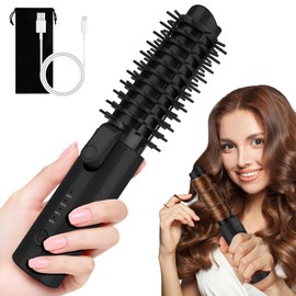 Vizbrite Cordless Curling Iron Brush, Mini Travel Hot Straightener Comb Curl Brush, Rechargeable 4 Temps Cordless Wand Blush with 200 Million Negative Ions for Curls Straightening Styling (Black)