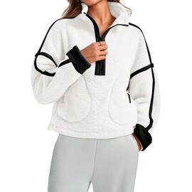 MAOECO Women Sherpa Fleece Jacket Half Zip Oversized Cropped Sweatshirt Casual Long Sleeve Fuzzy Pullover Fall Winter Outfits with Pockets White M