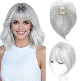 Cesomeey Hair Topper Clip in Bangs, 360° 3D Cover Hair Toppers for Women with Thinning Hairs, Upgrade Topper with Bang Clip, 10 Inch Straight Hairs Pieces for Women Daily(Silver Gray with High Lights)