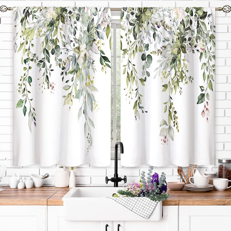 oolygoo Eucalyptus Botanical Leaves Floral Kitchen Window Curtains Over Sink