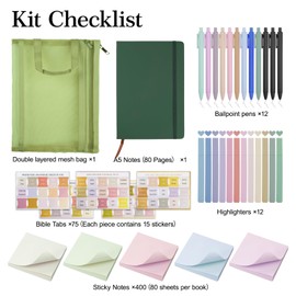 Bible Study Supplies,Bible Journaling Kit,Bible Study Kit with Journal,12 No Bleed Highlighters,12 Gel Pens,75 Tabs, 400 Sticky Notes,Christian Gifts for Women Men (Green)