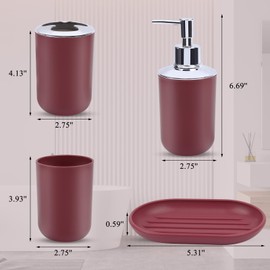 4 Piece Bathroom Accessories Set, Plastic Bathroom Accessory Set, Toothbrush Holder, Toothbrush Cup, Soap Dispenser, Soap Dish, Red