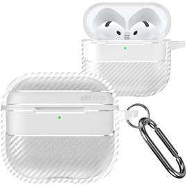 Fofvccv for AirPods 4th Generation Case 2024, Carbon Fiber Texture Case for AirPods 4 Gen with Carabiner Keychain, Military Shockproof Wireless Cover for AirPods 4 XW Clear