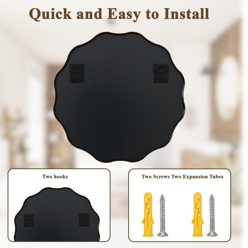 VooBang Gold Scalloped Circle Mirror, 30" Wavy Edge Round Wall
