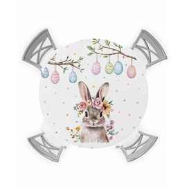 JKDXAL VINW Round Fitted Tablecloth with Elastic Edge, Farm Bunny Wreath Easter Egg Waterproof Oil Proof Table Cover, Spring Blossom Floral Leaf Indoor Outdoor Table Cloth Fits 36"x44" Round Table