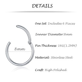 Tornito 6Pcs 18G-16G-14G Stainles Steel Septum Clicker Ring Seamless Lip Nose Daith Cartilage Helix Tragus Hoop Ring 8MM (B1:6 Pcs,16G(1.2mm) Pin Thickness)