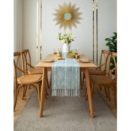 ZeeMart Farmhouse Table Runner, Rustic Table Runners 108 Inches Long, Linen Boho Table Runner, Braided Striped Blue Table Runner for Dining Party Holiday, 14x108 Inches, WideHollow Dusty Blue