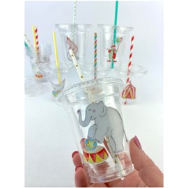 Circus Theme Party Cups with Lids and Straws, 12 Pack, Clear Disposable Cups with Carnival Designs