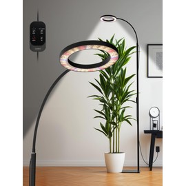 GLOWRIUM Grow Lights for Indoor Plants, 24W Full Spectrum LED Grow Light, Stepless Dimming,3 Lighting Mode and Adjustable Height, Plant Light with 3/9/12/16H Timer (Black, 24W)