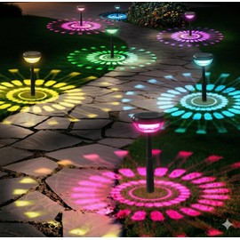 Ensenior Solar Pathway Lights IP65 Waterproof, RGB Color Changing & 6500K Cool White, 8-16Hr Runtime, Flower Pattern Garden Lights for Walkway Porch Yard - 8 Pack