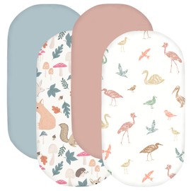 Little Grape Land Moses Basket Sheets, Newborn Pram Sheet Fitted for Baby Boy and Girl, Crib Baby Bassinet Sheet, Wetland Birds/Squirrel/Mauve/Fog Blue
