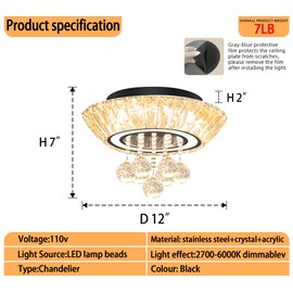 IDEQUY Modern Led Crystal Chandelier for Living Room Crystal Raindrop Chandeliers for Dining Room, Bedroom 12in Black Flush Mount Chandelier with Remote
