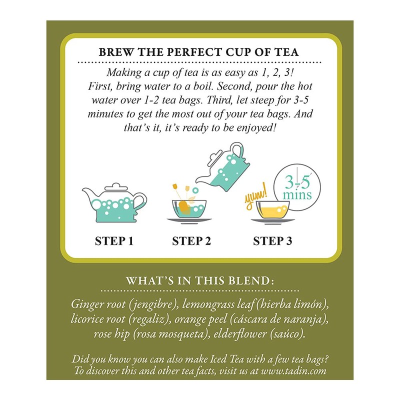 Tadin Ginger Herbal Tea Blend. Caffeine Free. 24 Tea Bags.