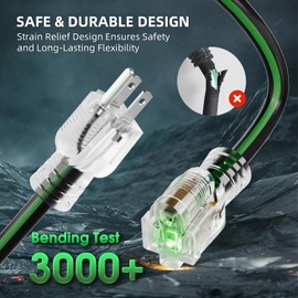 islewire 100FT 10/3 Outdoor Extension Cord, 10 AWG Ultra Heavy Duty 3-Prong SJTW, Waterproof, Flexible Cold-Resistant, Indoor/Outdoor, LED Lighted End, 15 Amp 1875W, Black & Green, ETL Listed