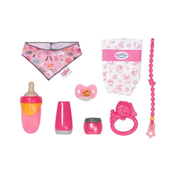 Baby Born Starter Set 832851 Accesories Dolls for Toddlers - Includes Magic Eyes Dummy & Dummy Chain, Nappy, Ring Toy, Powder Bottle, Cream Tube, Bottle & Neckerchief