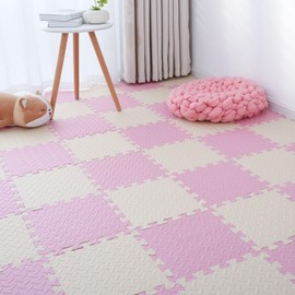 Coolcandy EVA Foam Play Mat, 18 Tiles Colorful Baby Play Mat, Kids Playmat with Solid Colored, 0.4" Thickened Foam Floor Tiles, Puzzle Play Mat for Baby Lying, Playing (Beige/Pink)