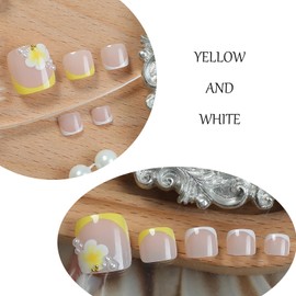 MERVF Press on Toenails for Women Yellow French Tip Acrylic DIY Fake Toe Nails Supplies Flower Pearls Design Summer Glossy 24pcs