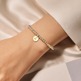 ESHIONER Gold Beaded Bracelet for Women 24K Gold Plated Bracelets Stackable Dainty Trendy Non Tarnish Adjustable Chain Letter L Charm Initial Bracelet for Women Jewelry Gifts