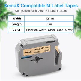 6 x XemaX Label Tape Replacement for Brother M-K Tapes M-K131 M-K231 M-K831 M-K931 12 mm x 8 m Silver Gold Metal Brother MK for Brother P-Touch PT-60 PT-65 PT-90 PT-M95 PT-80 PT-100 PT-110 PT-70 PT-85