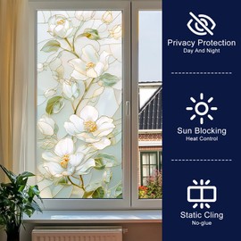 HOMETITUTE Stained Glass Window Film 17.7x39.3 inch Light Green Floral Window Privacy Film Stained Decals Static Cling Sun Blocking Decor for Home Office Windows Door Glass Partitions