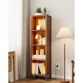 Apetaccat Book Shelf with LED Lights, Modern 4-Tier Bookcase, Open Storage Bookshelf, 11 × 14.2 × 50.4 Inches, Small Narrow Bookshelves for Living Room, Home Office, Bedroom, Walnut