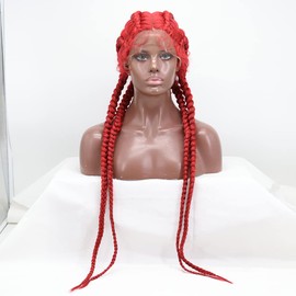 xiweiya Long Natural Black Micro Braided Wig Heat Resistant Fiber Hair Long Twist Braids Mermaid Black Braiding Synthetic Lace Front Wig Middle Cap Size 26 inch (hot red)