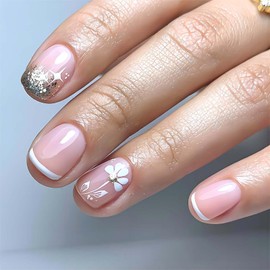RUOKEXIN Short Press on Nails Square Fake Nails with Glue French White Tip Acrylic False Nails with Flower Designs Gold Glitter Artificial Fake Fingernails Spring Glossy Stick on Nails for Women 24Pcs