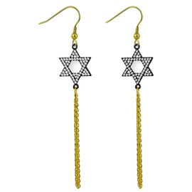 Stainless Steel CZ Black Yellow Gold-Tone Jewish Star of David Dangle Drop Chain Earrings