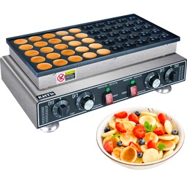 KHTD Mini Pancake Maker Machine, 50PCS Electric Nonstick Dutch Pancake Maker 110V 1600W, Commercial Muffin Maker with 2 Thermostats & 2 Timers Separate Control for Home Restaurant (12"D×21"W×7"H)