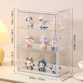 VGLXTRNT 3 Tier Clear Display Case for Figures, Wall-Mounted Acrylic Storage Organizer Box, Stackable Display Cabinet with Magnetic Door & Removable Dividers, Showcase for Collectibles, Blind Box