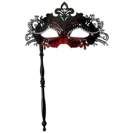 WILOVCOS Womens Masquerade Mask with Stick, Handheld Mardi Gras Mask,Venetian Party Masks (Black & Red)