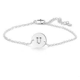 YANCHUN Silver U Initial Bracelet for Women Adjustable Round Disc Alphabet Letters Bracelet for Women (U)
