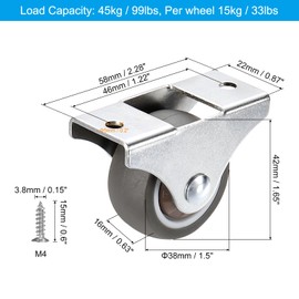 PATIKIL 1.5" Rigid Fixed Caster Wheels, 4 Pack Silent Plate Casters with M4 Screws Total Load Capacity 99 Lbs for Furniture Workbench Cart Trolley One Direction Rolling, Brown
