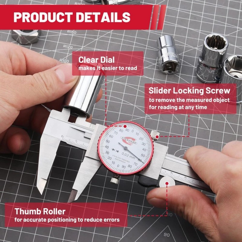 STANDARD GAGE Metric Dial Caliper Measuring Tool 0-150mm Range 4-Way