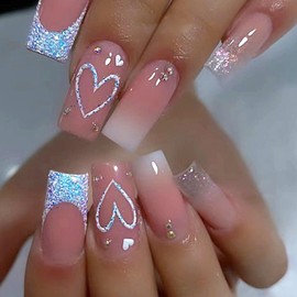 Medium Press on Nails Square Pink Ombre Fake Nails with Heart Glitter French Designs Rhinestones False Nails Press ons Valentine's Day Glue on Nails Glossy Full Cover Valentines Nails for Women 24 Pcs