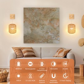 Rattan Wall Sconce Battery Operated Set of 2,Rechargeable Wall Light with Remote Control,Farmhouse Boho Wall Sconce Dimmable,Wireless Rustic Wall Lamp Indoor for Bedroom Living Room hallways foyer.