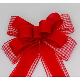 Handmade Wreath Bow, Red Linen, Red Gingham Check