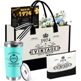 TrophyToast 50th Birthday Gifts for Women Her- 4 pcs, Turning 50 Year Old Gifts, Birthday Decorations Canvas Beach Tote Bag & Makeup Bag, Unique Happy 50th Birthday Gifts for Her Mom Wife Friends