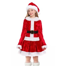 Santa Christmas Costume for Girls Red Christmas Costume Top and Dress with Hat (9-10 Years)