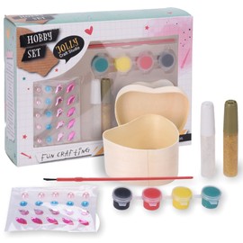 MIJOMA Wooden Craft Set Heart Box for Painting Yourself Including 4 x Painting Colours, Glitter Stones for Sticking, 2 x Glitter and Brush, DIY Craft Fun Gift Box Box