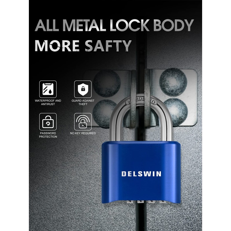 DELSWIN 4-Digit Combination Lock Outdoor Padlock - Heavy Duty Locker