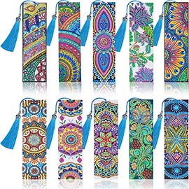 10 Pieces Diamond Bookmark DIY Painting Bookmark 5D Diamond Painting Bookmarks Floral Beaded Bookmarks with Tassel Resin Rhinestone Leather Bookmark for DIY Art Crafts Students Adults Beginner
