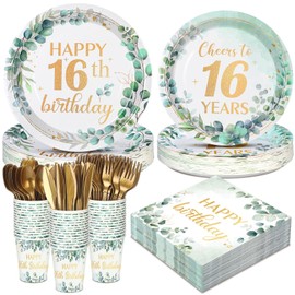 Yungyan 252 Pcs Sage Green 16th Birthday Tableware Decorations Eucalyptus Happy 16 Birthday Party Supplies Greenery Disposable Boho Plates, Napkins, Cups, Spoon, Forks and Knives